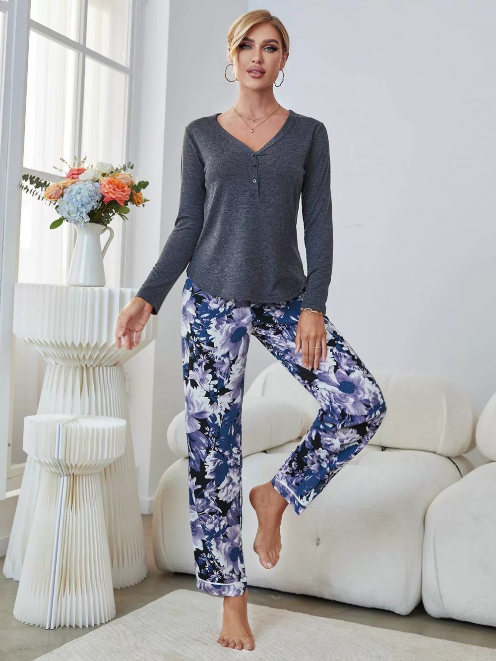 V-neck top and printed pants pajamas