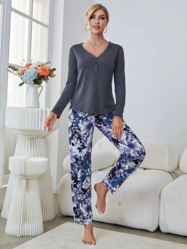 V-neck top and printed pants pajamas