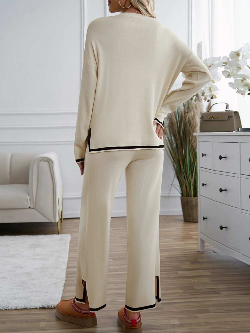 Simple short sleeved long pants home suit set - 图片 3