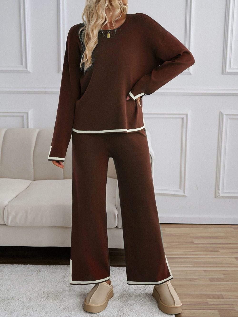 Simple short sleeved long pants home suit set - 图片 4