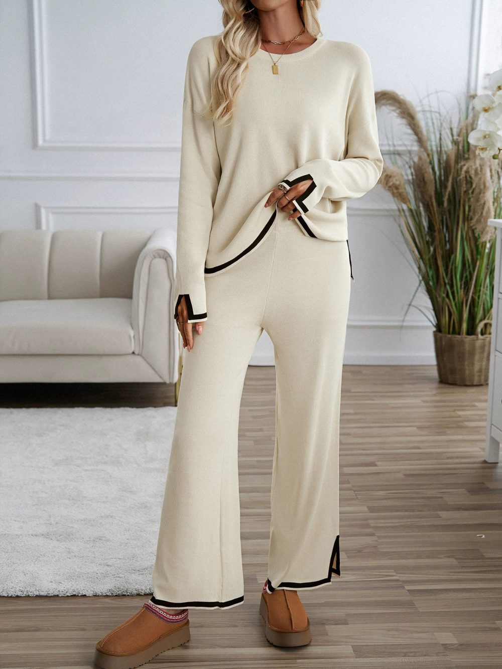 Simple short sleeved long pants home suit set - 图片 2