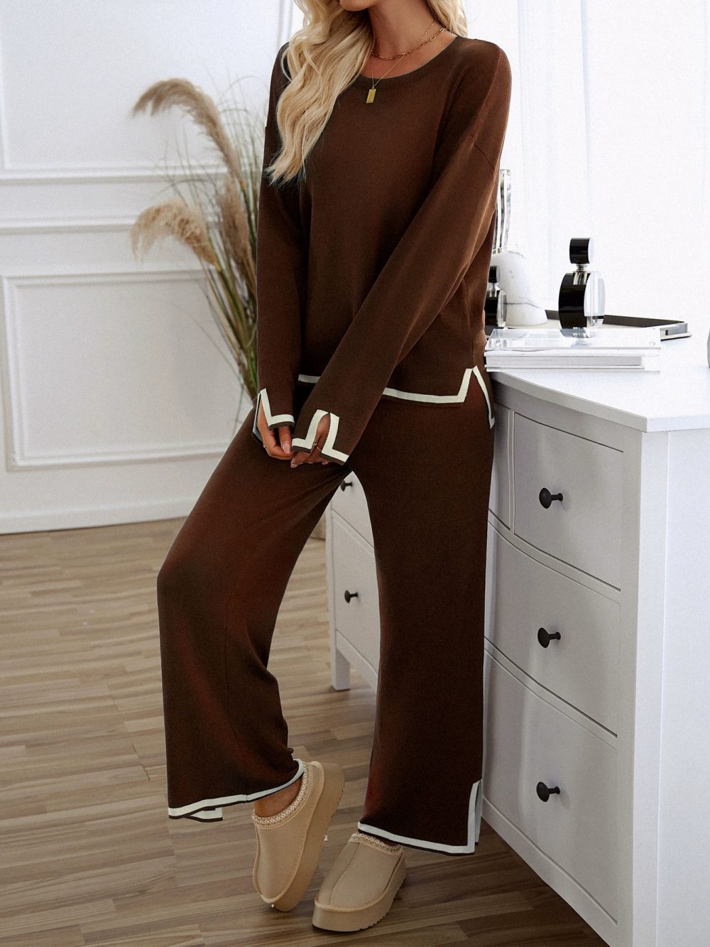 Simple short sleeved long pants home suit set - 图片 6