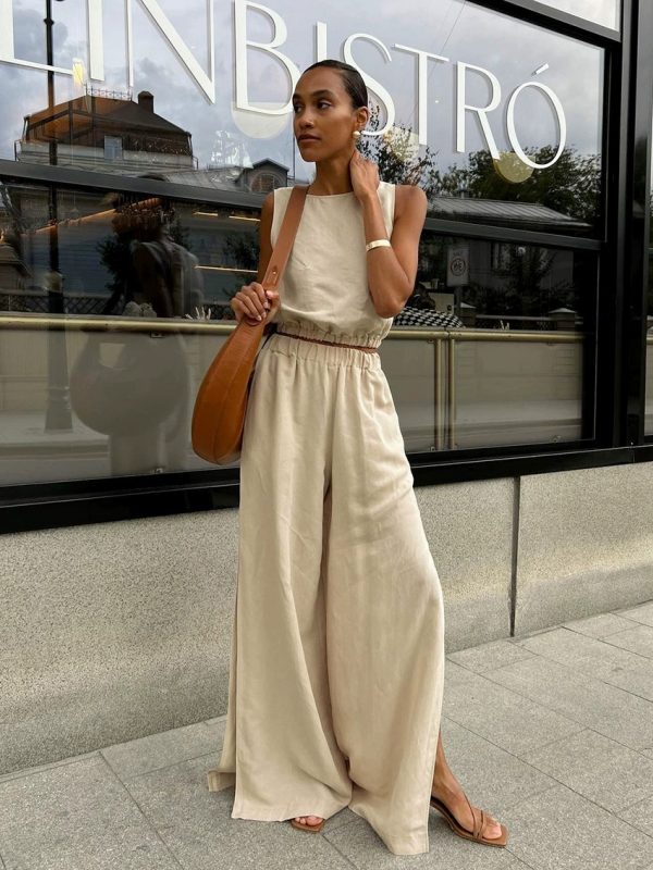 Cotton and linen sleeveless top and wide leg pants two-piece set
