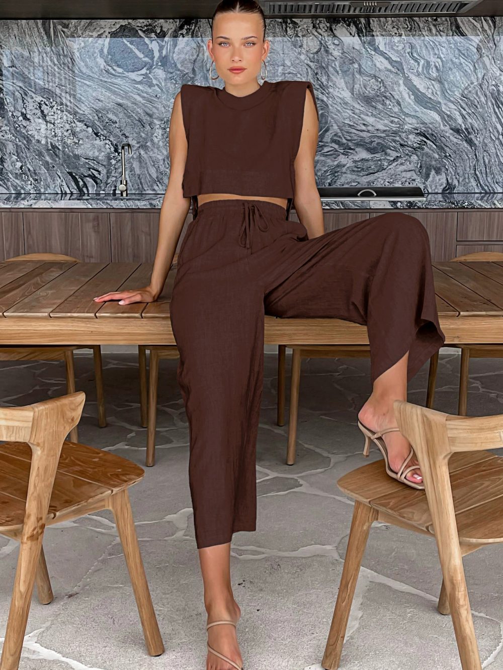 Cotton and linen vest and pants two-piece set - 图片 4