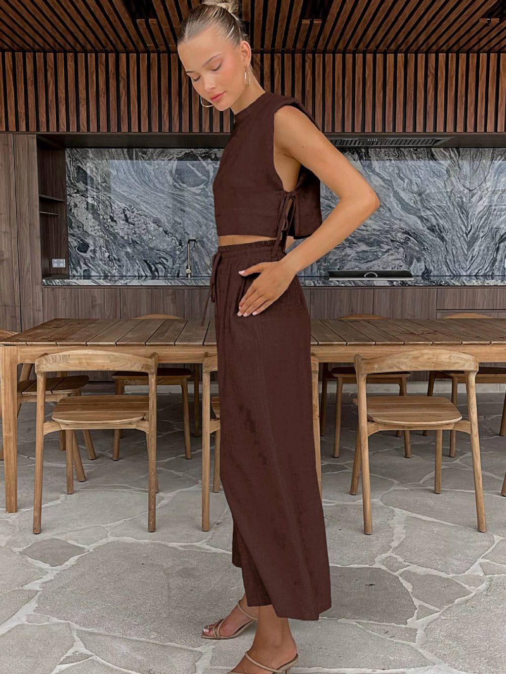 Cotton and linen vest and pants two-piece set - 图片 5