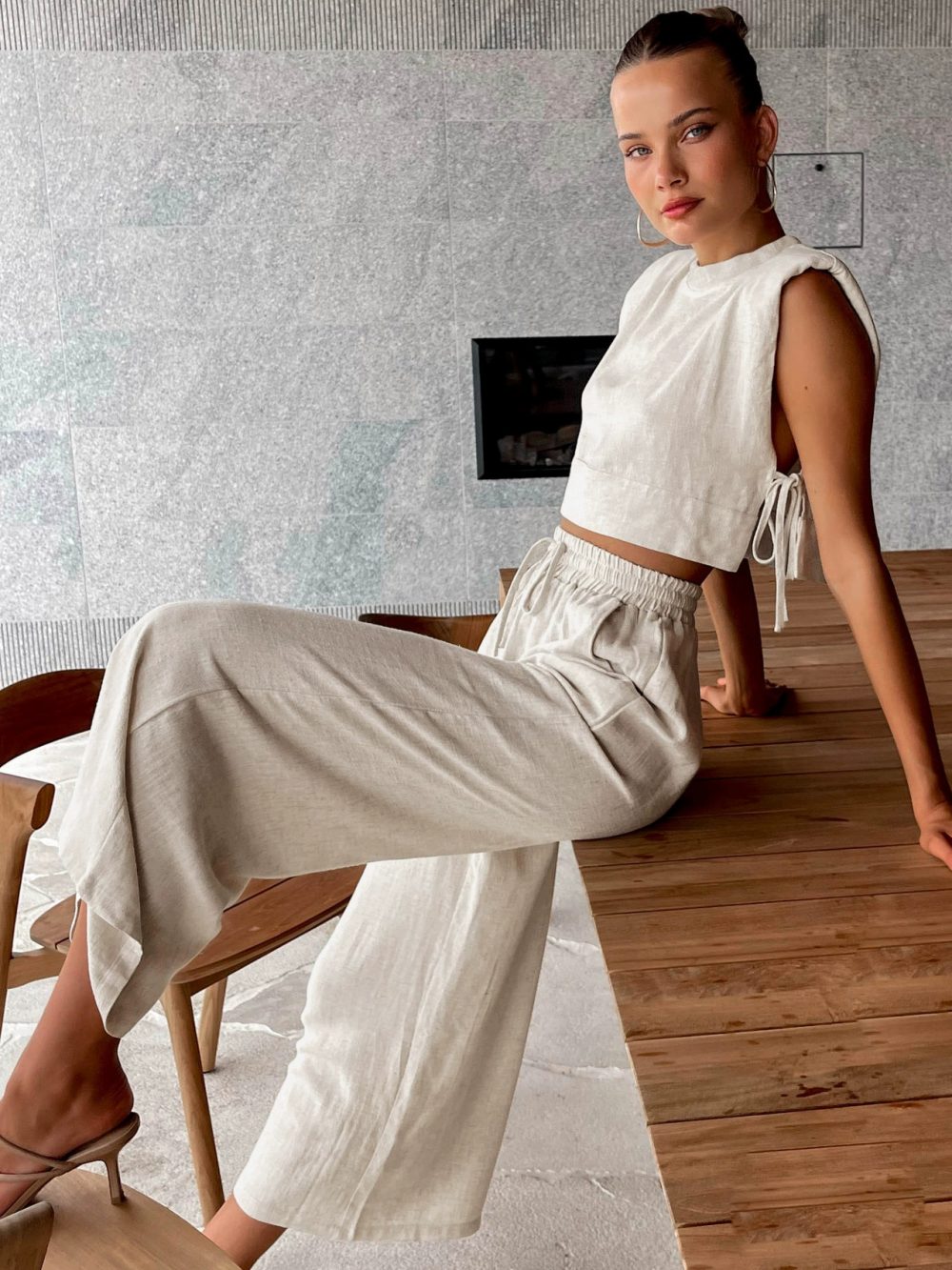 Cotton and linen vest and pants two-piece set - 图片 3